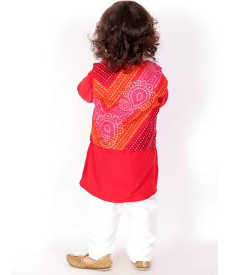 Red Bandhani Print Jacket with  Kurta Pajama 4
