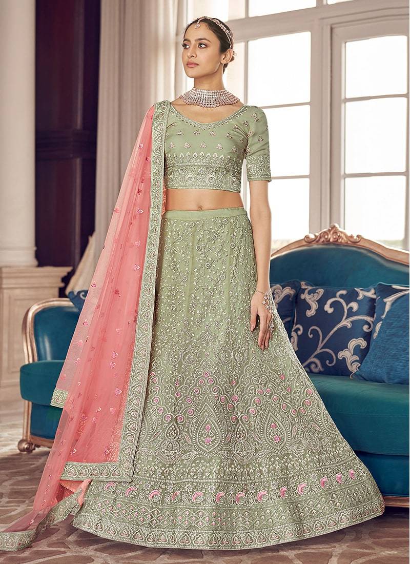 Pista Color Lehenga Choli Zari & plain Work With Soft Net Dupatta