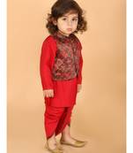 Red Festive Kurta Dhoti With Printed Jacket