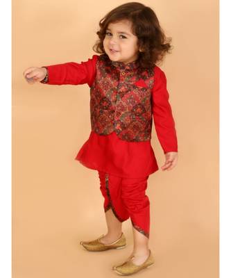 Red Festive Kurta Dhoti With Printed Jacket 2