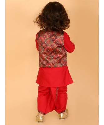 Red Festive Kurta Dhoti With Printed Jacket 3