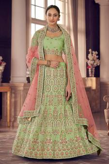 Pista organza Base plain Work Lehenga Choli Dupatta Set
