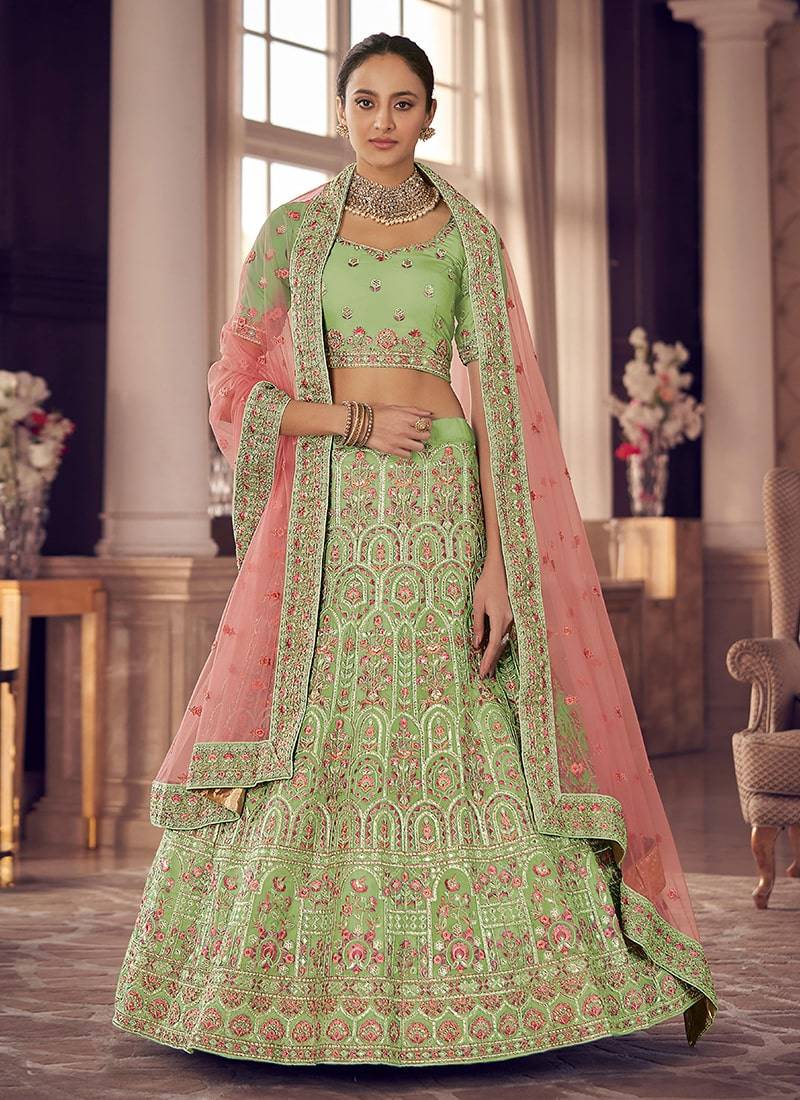 Pista organza Base plain Work Lehenga Choli Dupatta Set