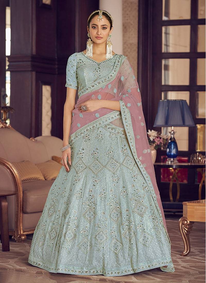 Turquoise Color Zarkan Work lehenga choli with net dupatta