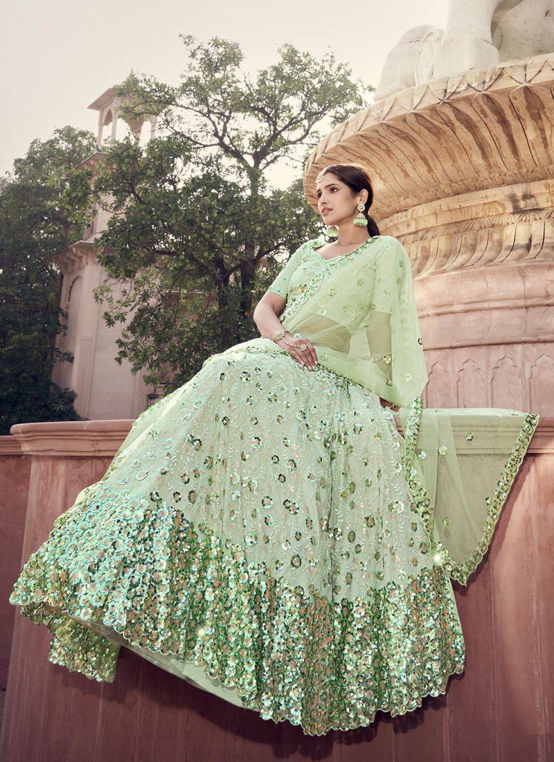 Pastel green color soft net base sequins work lehenga choli