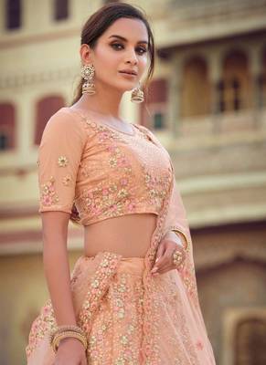 peach Color Sequins And Zari Work Wedding Wear Lehenga Choli 3