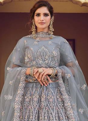 grey Color Soft Net Material plain And Sequins Work Lehenga Choli 3