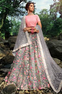 Sparkling Cloudy grey Soft Net Base Flared Embroidered Lehenga Choli 3