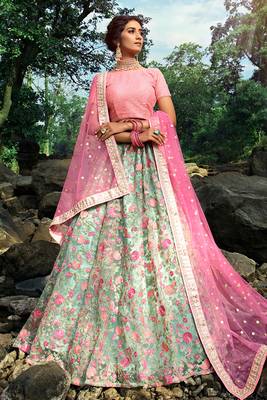 Mesmerizing Baby pink And Sea green Soft Net Base Embroidered Lehenga Choli 3