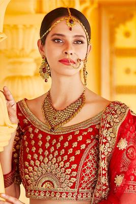 Astounding Look Red Color Stone And plain Work Kalidar Lehenga 3
