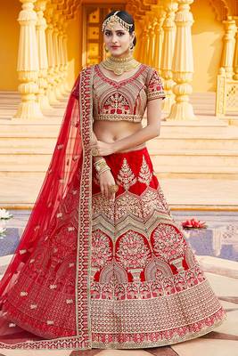 Red Color Velvet Base Heavy embroidered And Handwork Lehenga 1