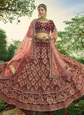 Velvet Material Sequins And Dori Work Maroon Color Lehenga 1