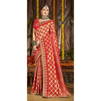 Red woven silk blend saree with blouse 1
