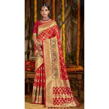 Red woven silk blend saree with blouse 1