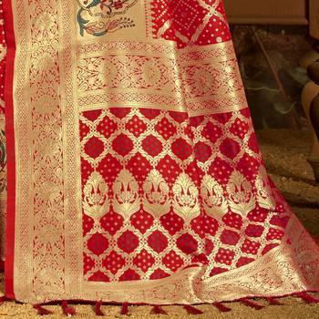 Red woven silk blend saree with blouse 3
