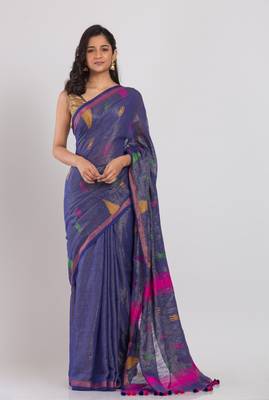 Blue hand woven cotton saree with blouse 1