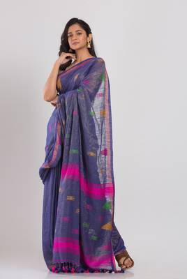 Blue hand woven cotton saree with blouse 2