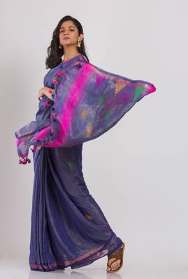 Blue hand woven cotton saree with blouse 3