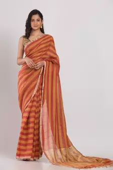 Orange hand woven linen saree with blouse