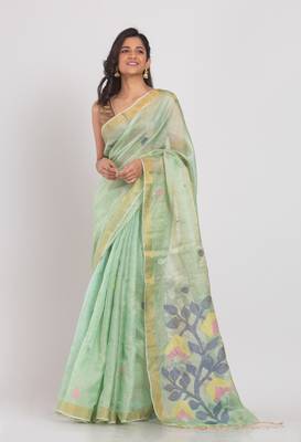 Green hand woven tussar silk saree with blouse 1