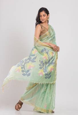 Green hand woven tussar silk saree with blouse 2