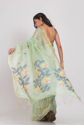 Green hand woven tussar silk saree with blouse 3