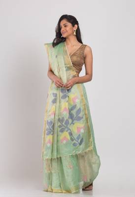 Green hand woven tussar silk saree with blouse 4