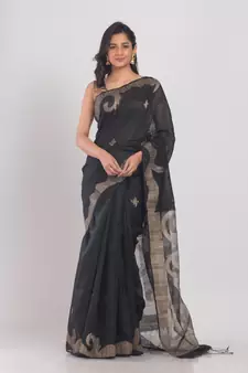 Black hand woven matka silk saree with blouse