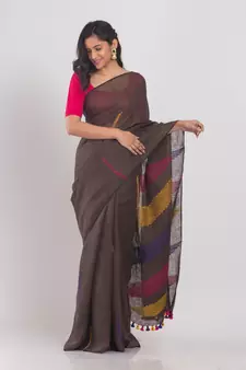 Dark brown hand woven linen saree with blouse