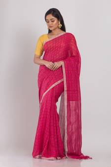 Pink hand woven linen saree with blouse