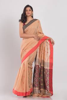 Peach hand woven cotton saree with blouse