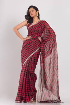 Red hand woven linen saree with blouse