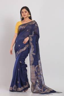Navy blue hand woven matka silk saree with blouse