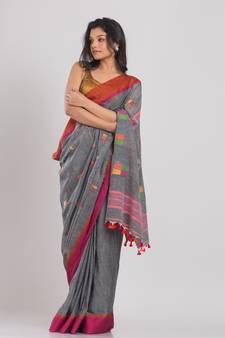 Grey hand woven cotton saree with blouse