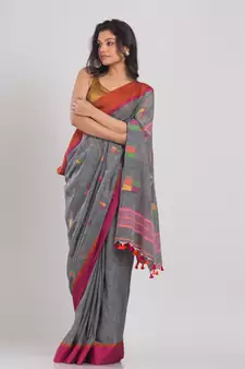 Grey hand woven cotton saree with blouse