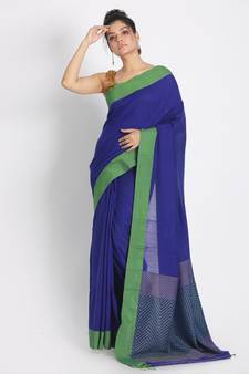 Blue hand woven cotton saree with blouse