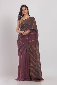Dark brown hand woven linen saree with blouse