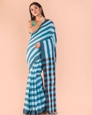 Blue hand woven cotton saree with blouse 1