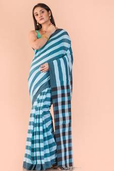 Blue hand woven cotton saree with blouse