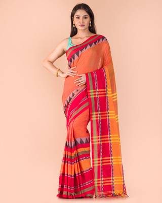 Orange hand woven cotton saree with blouse 1