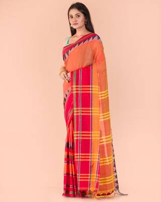 Orange hand woven cotton saree with blouse 2