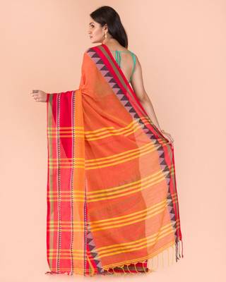 Orange hand woven cotton saree with blouse 3