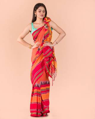 Orange hand woven cotton saree with blouse 4