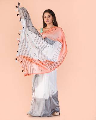 Multicolor hand woven cotton saree with blouse 4
