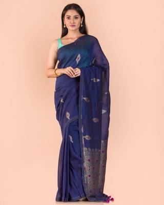 Blue hand woven linen saree with blouse 1