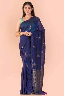 Blue hand woven linen saree with blouse