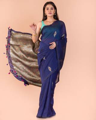 Blue hand woven linen saree with blouse 2