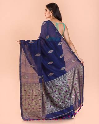 Blue hand woven linen saree with blouse 4