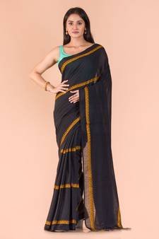 Black hand woven cotton saree with blouse