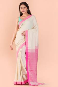 Cream hand woven cotton saree with blouse
